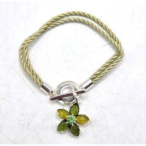Silver-Tone Toggle Clasp Bracelet With Green Rhinestone Flower Charm